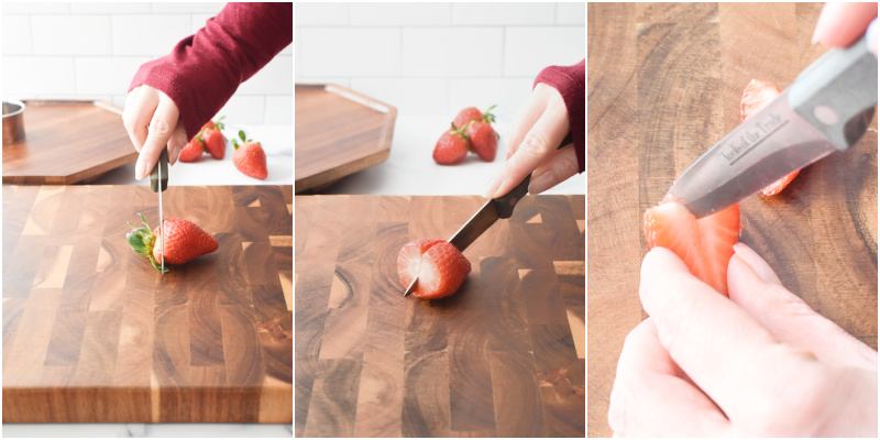 A collage showing how to make strawberry hearts for charcuterie