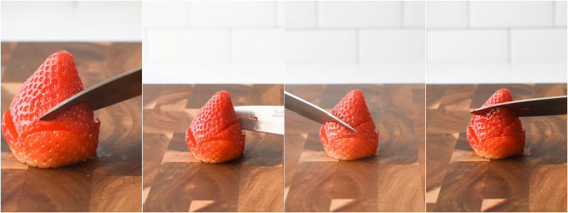 A collage showing how to make a strawberry rosebud.
