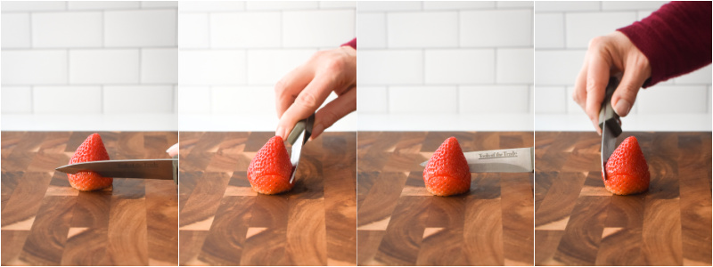 A collage showing how to make a strawberry rosebud.